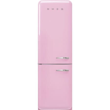 FAB32LPK5 60cm 50s Style Left Hand Hinge Fridge over Freezer Pink