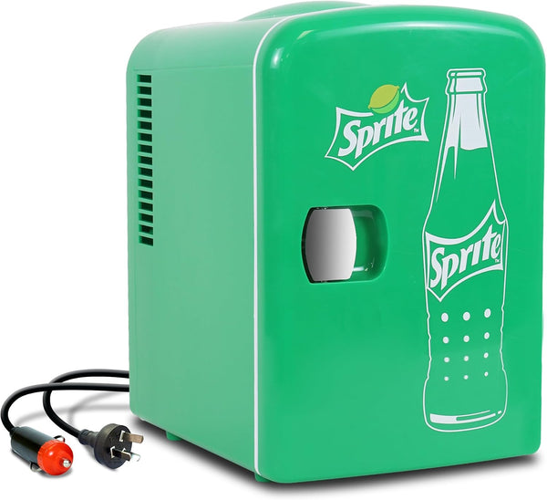 Sprite Mini Fridge - Refrigerator for Bedroom Skincare Office, Portable Table Top Beverage Cooler, 12V DC/220V AC Refrigerador For Drinks, Soda, Wines, Use In Car, Dorm, Outdoor, Patio, 6 Can