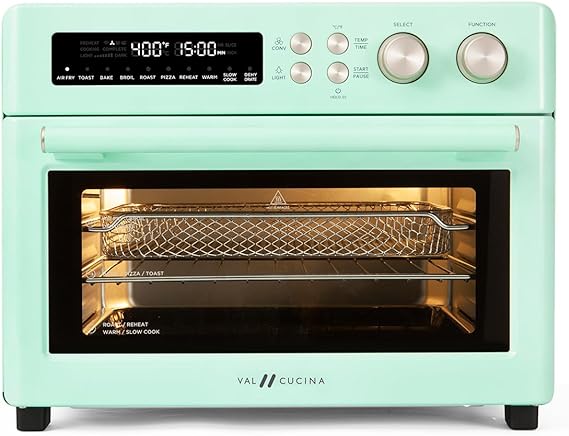 VAL CUCINA Retro Style Infrared Heating Air Fryer Toaster Oven, Extra Large Countertop Convection Oven 10-in-1 Combo, 6-Slice Toast, Enamel Baking Pan Easy Clean with Recipe Book, Green Color