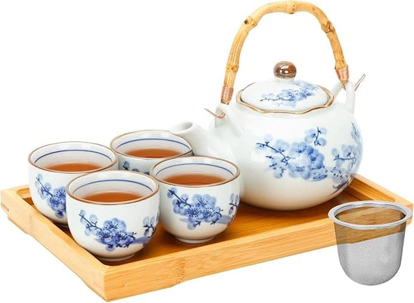 Japanese Tea Set Porcelain Tea Set with Teapot and Tea Cup Set for 4, Blue and White Tea Sets for Adults with Stainless Infuser and Bamboo Tray, Asian Tea Set for Tea Lovers/Women/Men (Plum & Bamboo)