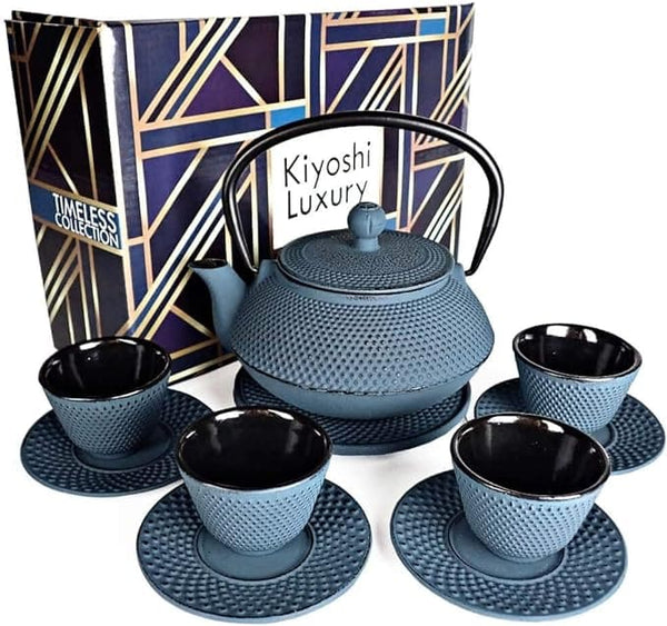 Large 11PC Japanese Tea Set "KONJOU Blue" Cast Iron Tea Pot 26Oz with 4 Tea Cups (2Oz each), 4 Saucers, Leaf Tea Infuser and Trivet. Ceremonial Matcha Accessories