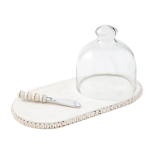 Mud Pie White Bead Tray & Cloche Set, Board 6 1/2" X 12" | Cloche 5 1/2" X 5" Dia | Spreader 5 1/2"