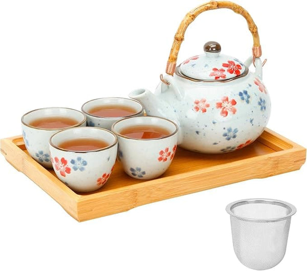 Japanese Tea Set Porcelain Tea Set with Teapot and Tea Cup Set for 4, Blue and White Tea Sets for Adults with Stainless Infuser and Bamboo Tray, Asian Tea Set for Tea Lovers/Women/Men (Sakura Blossom)