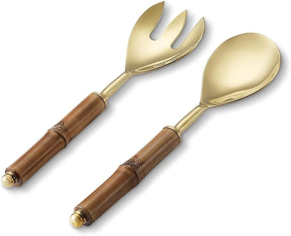 Folkulture Serving Utensils for Modern Serving and Cooking, Stainless Steel Salad Servers or Salad Tongs, 12 Inch Salad Tosser, Serving Spoon and Fork Set with Bamboo Handle, Gold