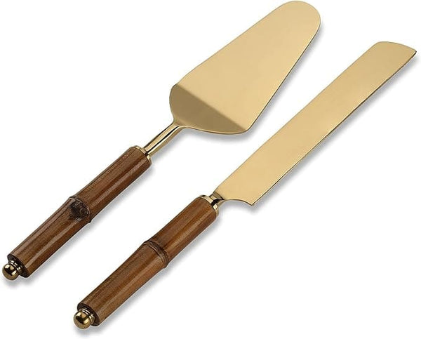 Folkulture Wedding Cake Knife and Server Set, Cake Cutter or Cake Cutting Set for Wedding, Cake Knife for Gifts or Table Decoration, Pie Server or Cake Server With Bamboo Handle, 12" Gold