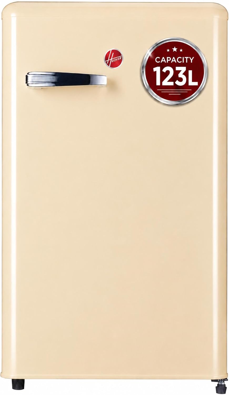 Hoover-123L Retro Style Single Door Refrigerator, Compact Free Standing Fridge with Freezer, Tempered Glass Shelves, Adjustable Thermostat, Eco-Friendly, 1 Year Warranty, Cream - HSD-K123-RW