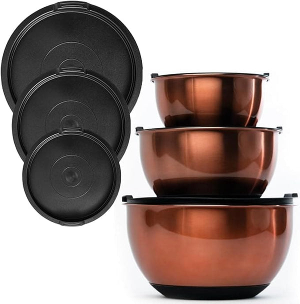 Copper Mixing Bowls- Mixing Bowl Set with Stainless Steel Body- Copper with Black Silicone Bottom Mixing Bowl- Versatile Kitchen Mixing Bowls- 3 Piece Copper Mixing Bowls with Lids