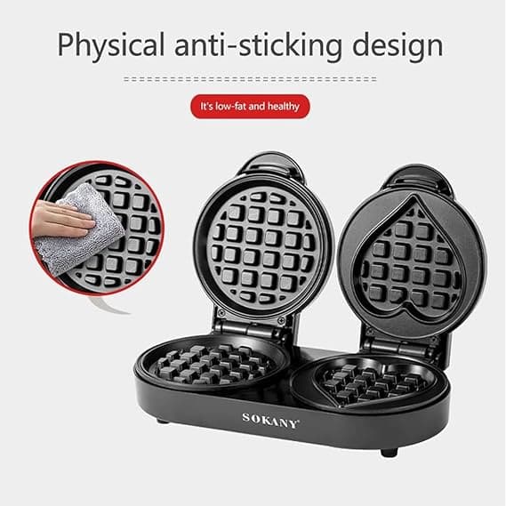 SOKANY SK-850 1100W Belgian Waffle Iron, Double Mini Waffle Maker, Non-Stick Coating, Compact and Easy to Clean, Mini Heart Waffle Maker, Round Waffle Maker for Hash Browns, French Toast, Brownies