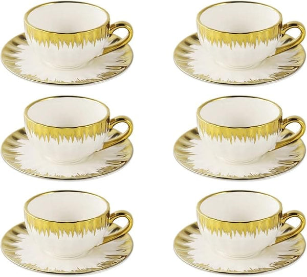 3oz Set of 6 Porcelain Espresso Cups and Saucers with Elegant Gold Trim - 3oz Demitasse Cups for Single Espresso and Lattes