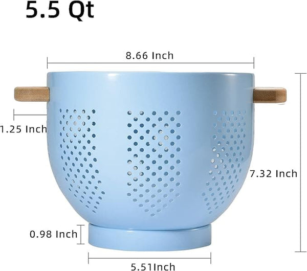 Metal Colander with Wood Handle and Stable Base, Powder Coated Steel Kitchen Strainer Basket for Draining Pasta, Vegetable and fruit