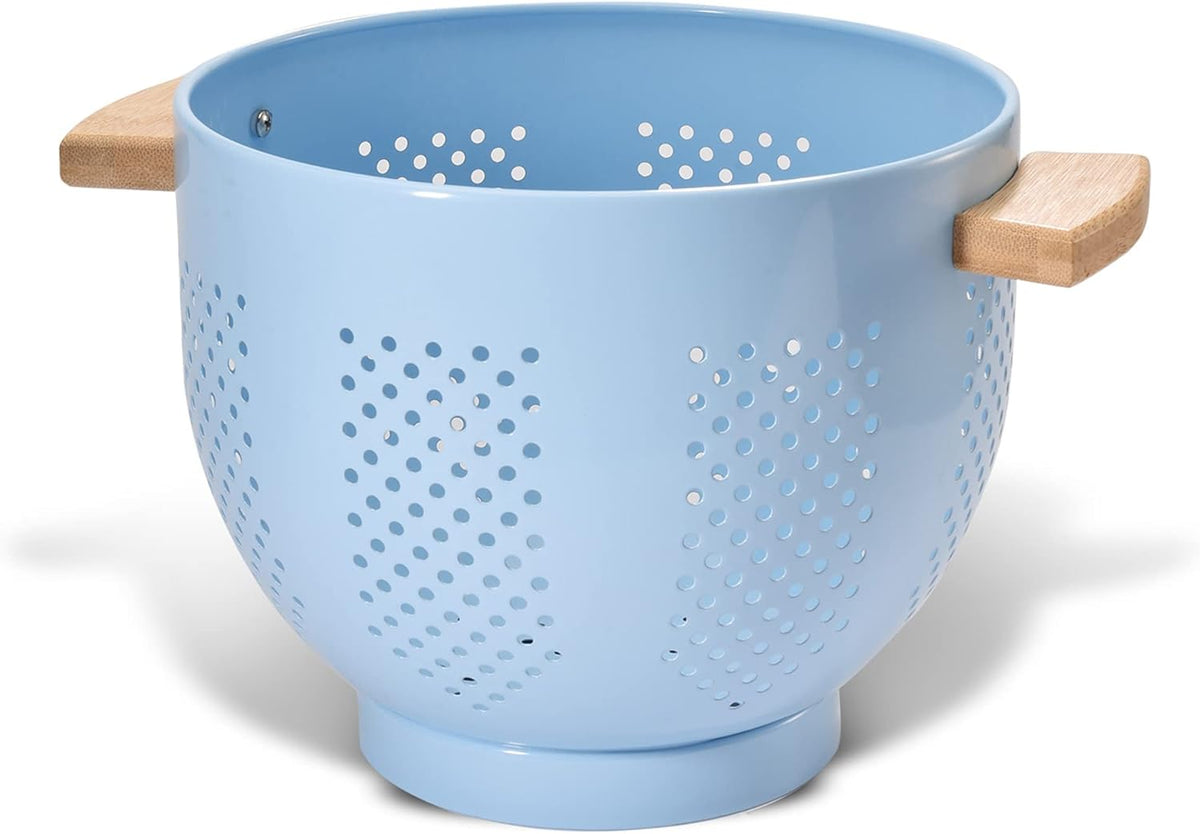 Metal Colander with Wood Handle and Stable Base, Powder Coated Steel Kitchen Strainer Basket for Draining Pasta, Vegetable and fruit 5.5quart