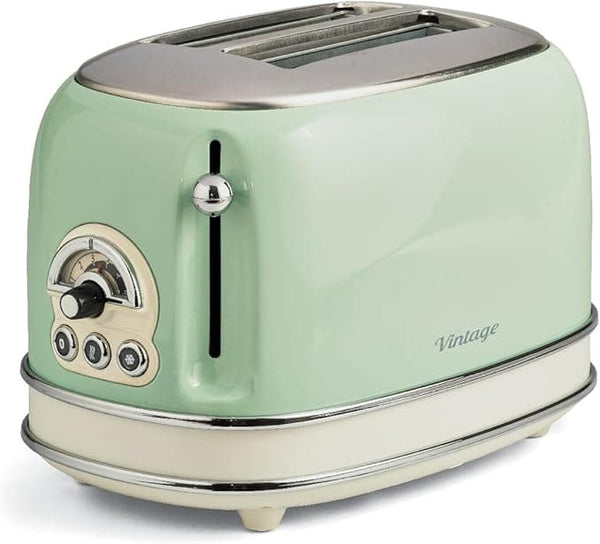 Ariete Vintage Toaster 2 Slice, 810W, 6 Browning Level, Cold Walls, Non-Slip Feet, Auto Ejection, with Defrost, Reheat, Cooking and Cancel Function, Removable Crumb Tray - Green ART155/14