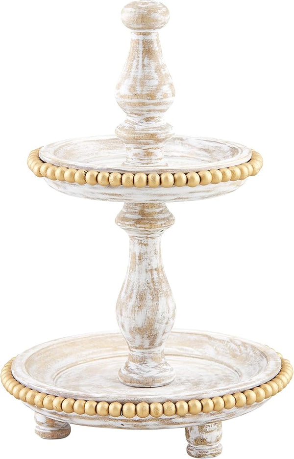 Mud Pie Mini Gold Bead Tiered Server, 12" x 8" dia, White