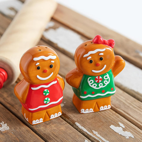 2 Pcs Christmas Gingerbread Shaped Salt and Pepper Shakers, Brown 3 Inch Gingerbread Man Ceramic Salt and Pepper Shakers Set, for Christmas Xmas Home Kitchen, Whimsical Cute Table Decorations
