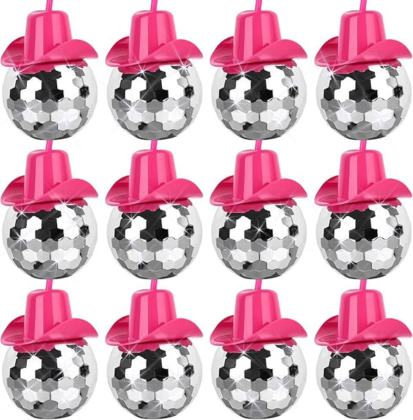 12 PCS Disco Ball Cups Pink Cowgirl Hat Mirror Party Cup with Straws