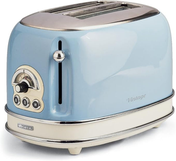 Ariete Vintage Toaster 2 Slice, 810W, 6 Browning Level, Cold Walls, Non-Slip Feet, Auto Ejection, with Defrost, Reheat, Cooking and Cancel Function, Removable Crumb Tray - Blue ART155