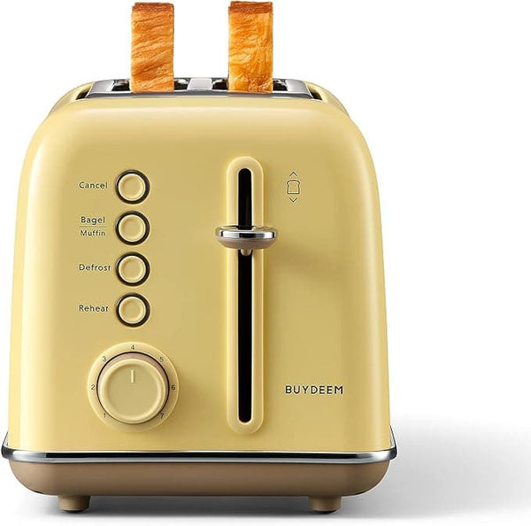 BUYDEEM DT620E Toaster with 2 Slices of Wide Slots, Vintage Stainless Steel Toaster with 7 Settings, Reheat and Defrost Function, Removable Crumb Catcher (Light Yellow)