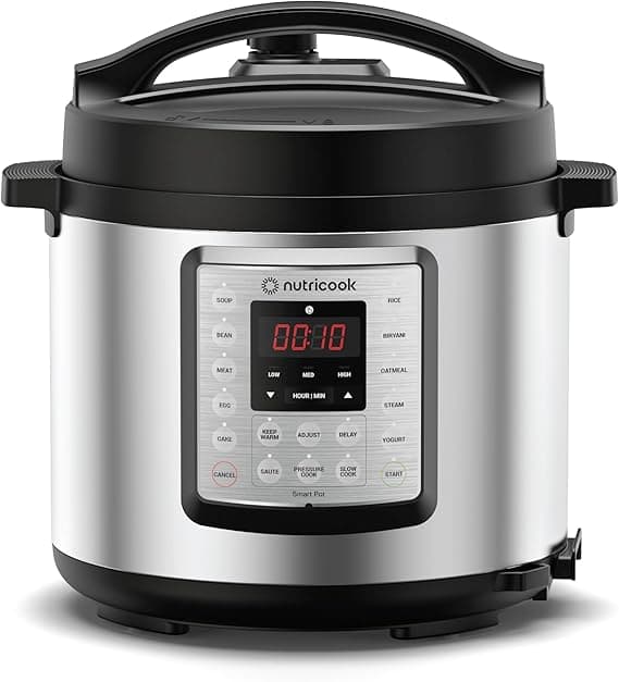 Nutricook Smart Pot Eko, 1000 Watts - 9 In 1 Instant Programmable Electric Pressure Cooker, 6 Liters, 14 Smart Programs, Brushed Stainless Steel/Black + Tempered Glass Lid