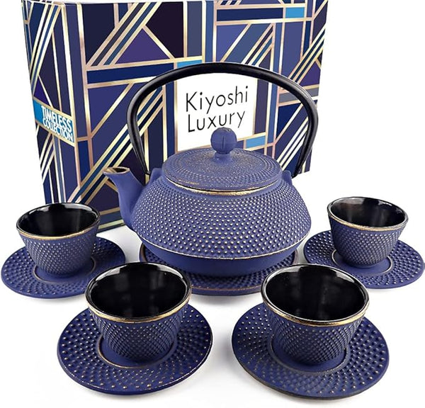 Large 11PC Japanese Tea Set "Blue and Gold" Cast Iron Tea Pot 26Oz with 4 Tea Cups (2Oz each), 4 Saucers, Leaf Tea Infuser and Trivet. Ceremonial Matcha Accessories