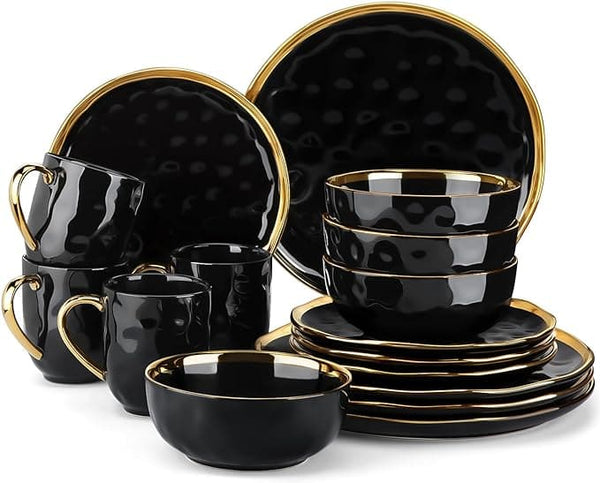 LOVECASA Black and Gold Dishes Sets, Stoneware Dinnerware Sets for 4, 16 Piece Plates and Bowls Sets, Handmade Dinnerware with Gold Trim, Dishwasher Safe Dinner Set