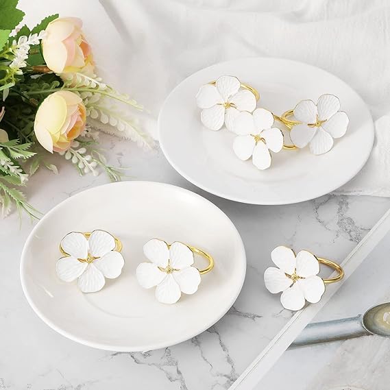 Napkin Rings, Table Alloy Petal Napkin, Buckle Napkin Ring, Flowers Dinner Tables Rings, Elegant Ornament, Table Setting Decoration for Wedding, Holiday, Party (White, 6PCS)