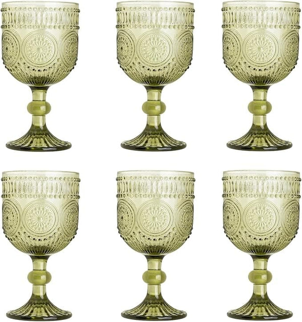 12 Oz Flower Embossed Wine Glasses Set of 6, Vintage Colored Glass Water Goblets, Unique Floral Pattern High Clear Stemmed Glassware Wedding Party Bar Drinking Cups Fancy Glasses Dishwasher Safe Green