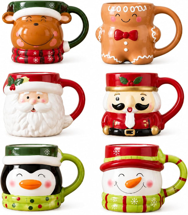 Suclain Christmas Coffee Mugs Set of 6, 12oz 15oz Ceramic Holiday Gift For Hot Cocoa Tea Drinks, Festive Xmas Party Decor, Sturdy Ceramic Material, Dual Size Options, Great Seasonal Gift Set