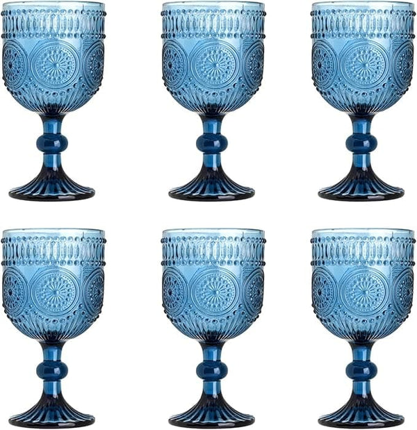 12 Oz Flower Embossed Wine Glasses Set of 6, Vintage Colored Glass Water Goblets, Unique Floral Pattern High Clear Stemmed Glassware Wedding Party Bar Drinking Cups Fancy Glasses Dishwasher Safe Blue