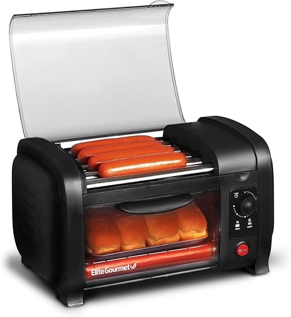 Elite Cuisine EHD-051B Hot Dog Toaster Oven, 30-Min Timer, Stainless Steel Heat Rollers Bake & Crumb Tray, World Series Baseball, 4 Bun Capacity, Black