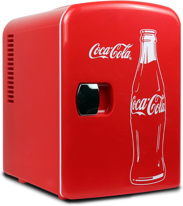Coca Cola Classic Mini Fridge - Refrigerator for Bedroom Skincare Office, Portable Table Top Beverage Cooler, 12V DC/220V AC Refrigerador For Drinks, Soda, Wine, Use In Car, Dorm, Patio, 6 Can [Energy Class A]