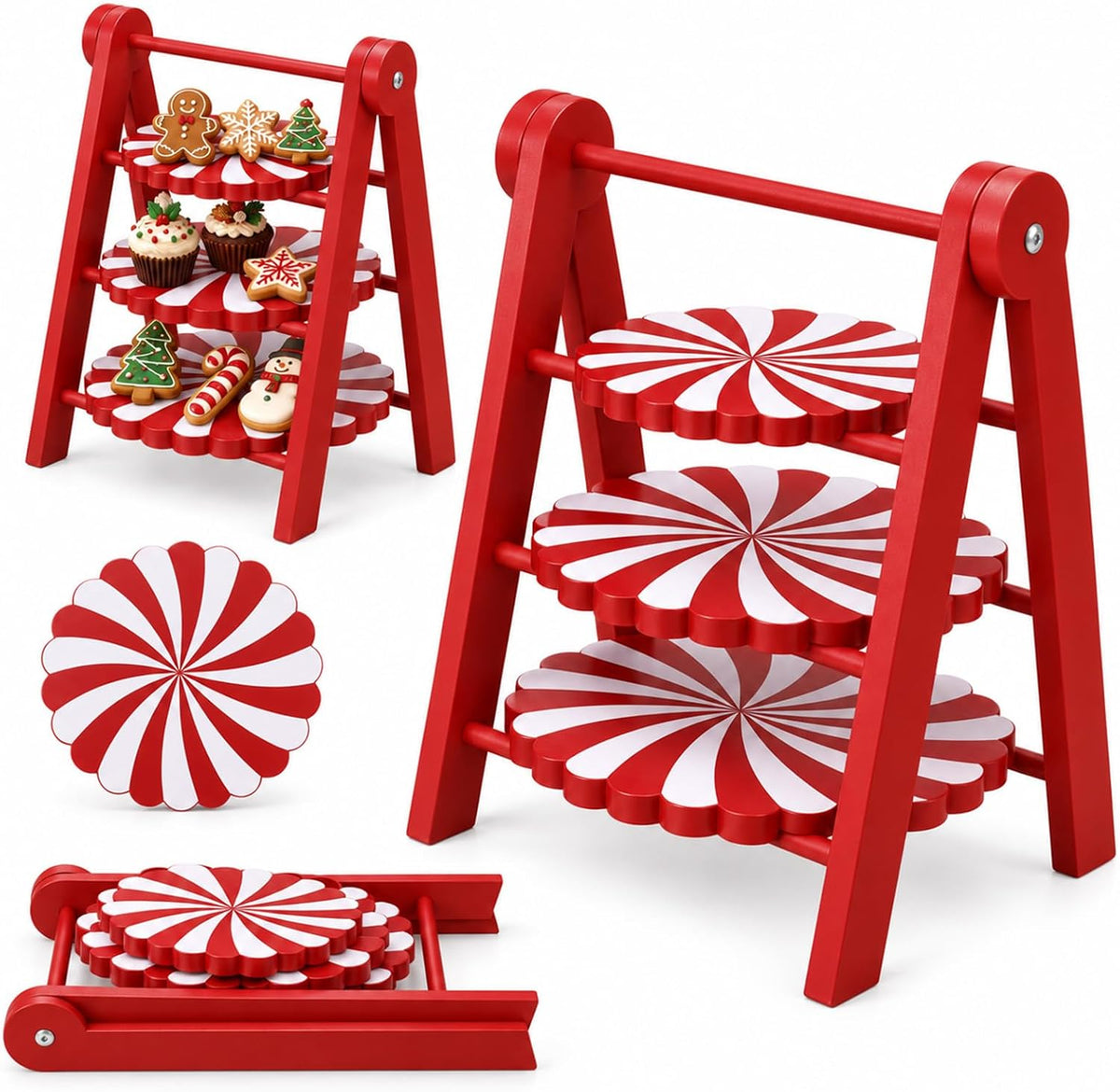 Junkin 3 Tier Christmas Serving Trays, Wooden Peppermint Candy Platters Farmhouse Tiered Stand for Home Kitchen Xmas Party Decor for Cake, Snacks, Fruit, Bread, Party & Catering Centerpieces