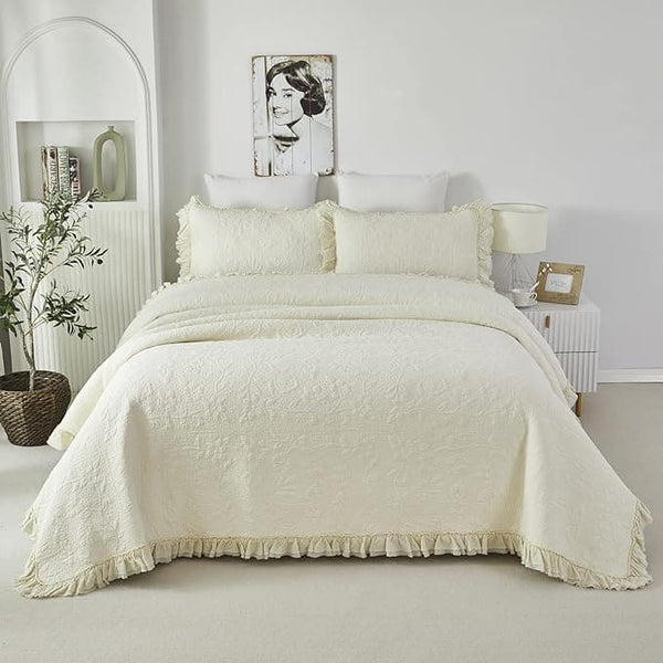 Brandream- Quilt Set Queen Size Cotton Matelasse Bedding Luxury Ruffle Farmhouse Quilted Comforter Set 3-Piece