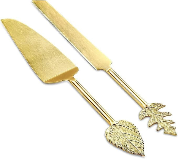 Folkulture Wedding Cake Knife and Server Set, Stainless Steel Cake Cutting Set or Pie Patry Serving Set, Large 2-piece Dessert Set, Gold Leaf