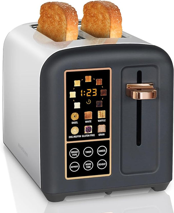 SEEDEEM Toaster 2 Slice, Stainless Toaster LCD Display&Touch Buttons, 50% Faster Heating Speed, 6 Bread Selection, 7 Shade Setting, 1.5''Wide Slot, Removable Crumb Tray, 1350W, Dark Chocolate