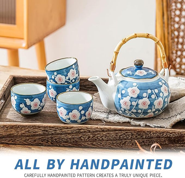 Japanese Tea Set Porcelain Tea Set with Teapot and Tea Cup Set for 4, Blue and White Tea Sets for Adults with Stainless Infuser and Bamboo Tray, Asian Tea Set for Tea Lovers/Women/Men (Plum Blossom)