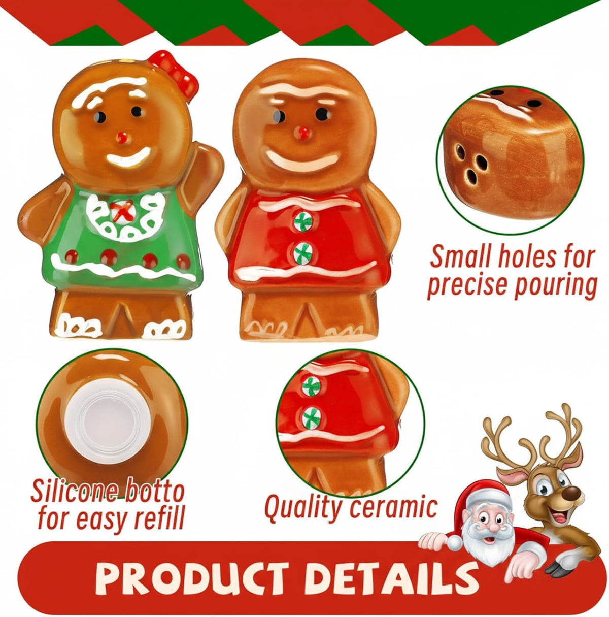 2 Pcs Christmas Gingerbread Shaped Salt and Pepper Shakers, Brown 3 Inch Gingerbread Man Ceramic Salt and Pepper Shakers Set, for Christmas Xmas Home Kitchen, Whimsical Cute Table Decorations