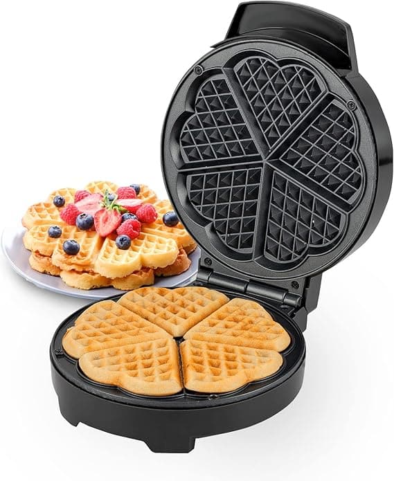 Geepas Waffle Maker – 5 Slice Heart Shaped Non-Stick Electric Belgian with Adjustable Temperature Control American Machine, Iron - 2 Years Warranty, 1000W, Silver & Black