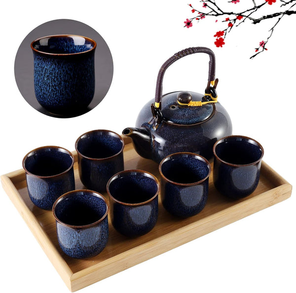 DUJUST Japanese Tea Set for 6, Kiln Altered Glaze Porcelain Tea Set with 1 Teapot, 6 Tea Cups & 1 Tea Tray, Unique Chinese Tea Sets for Adults/Tea Lovers/Women/Men, Blue