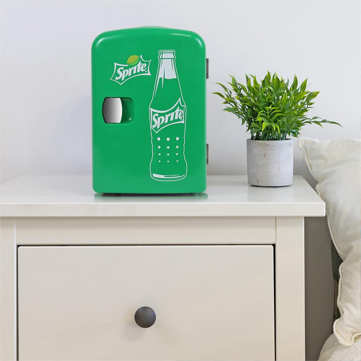 Sprite Mini Fridge - Refrigerator for Bedroom Skincare Office, Portable Table Top Beverage Cooler, 12V DC/220V AC Refrigerador For Drinks, Soda, Wines, Use In Car, Dorm, Outdoor, Patio, 6 Can