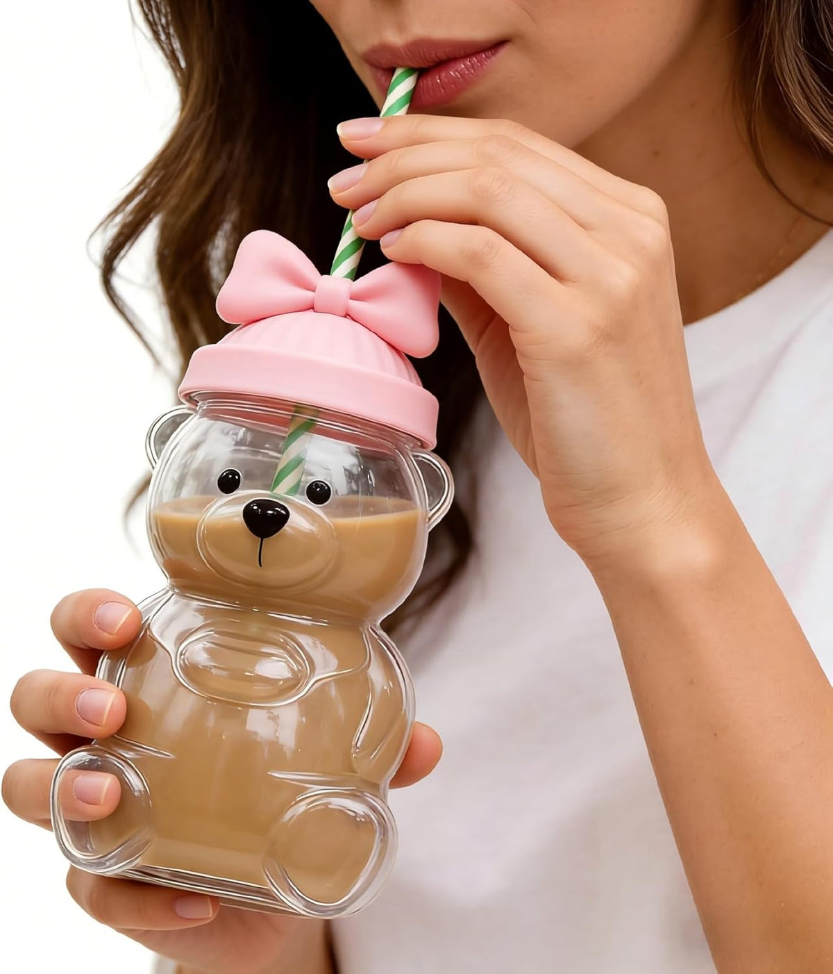 Glass Bear Cup, Bear Straw Cup, Borosilicate Glass Cups with Lids and Straws, 20 oz Cute Mugs Cocktail Drinks Glassware for Christmas Gift, for Smoothies, Pearl Milk Tea & Iced Coffee (Pink Bow Tie A)