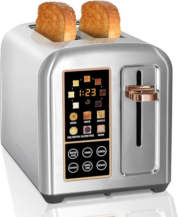 SEEDEEM Toaster 2 Slice, Stainless Toaster LCD Display&Touch Buttons, 50% Faster Heating Speed, 6 Bread Selection, 7 Shade Setting, 1.5''Wide Slot, Removable Crumb Tray, 1350W, Silver Metallic