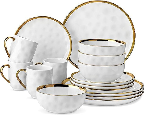 LOVECASA White and Gold Dinnerware Sets, Stoneware Dish Set for 4, 16 Piece Kitchen Plates and Bowls Sets, Handmade Dinner Set with Gold Trim