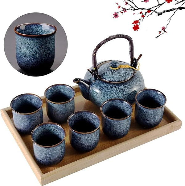 DUJUST Japanese Tea Set for 6, Kiln Altered Glaze Porcelain Tea Set with 1 Teapot, 6 Tea Cups & 1 Tea Tray, Unique Chinese Tea Set for Adults/Tea Lovers/Women/Men, Blue