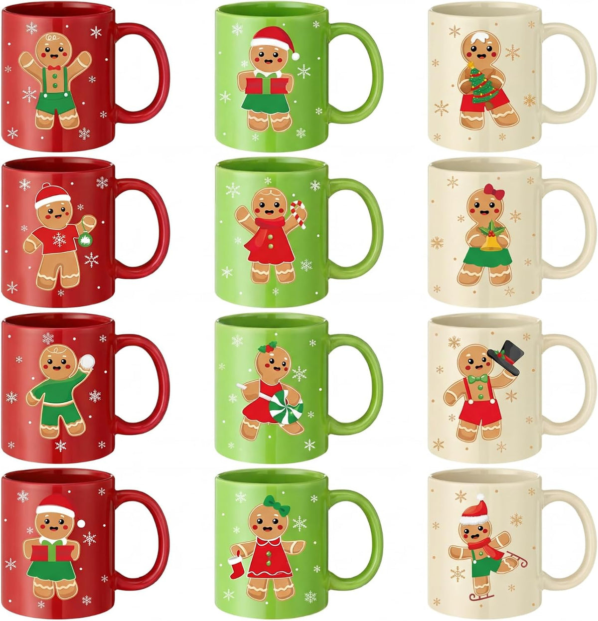 Christmas Mugs Set of 12 Bulk Gingerbread Ceramic Coffee Cups 12 oz Funny Red Green Christmas Ceramic Coffee Mugs, Winter Holiday Cute Cups with Handle, for Hot Chocolate Holiday Party Gift