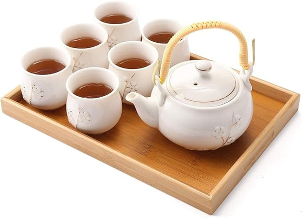 Dujust Japanese White Porcelain Tea Set with 1 Teapot Set, 6 Tea Cups, 1 Tea Tray, 1 Stainless Infuser, Cute Asian Tea Set for Tea Lover/Women/Men (Plum in Golden)