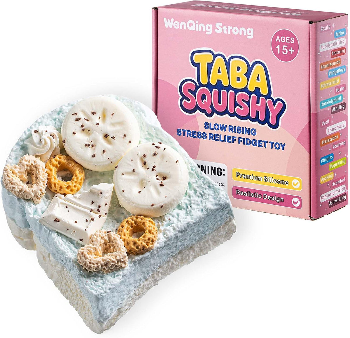 Squishy Cake Taba Squishy Toy, Slow Rising Squeeze Stress Relief Kawaii Blue Fidget Premium Silicone Handmade Realistic Dessert Design with Donuts and Chocolate Toppings Gift for Adults
