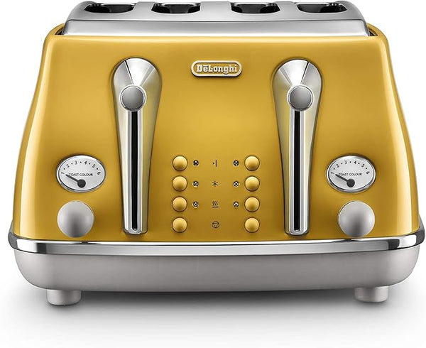 De'Longhi- ICONA CAPITALS Vintage Style,4 Slice Toaster,One Side Bagel,Removable Crumb Tray,6 Browning Levels,Defrost and Reheat Functions,Extra-Wide Bread Slots and Lift Positions,Yellow,CTOC4003Y