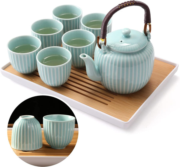 Dujust Japanese Tea Set - Cyan-blue Porcelain Teapot, 6 Tea Cups, Infuser, Tray - Asian Tea Set for Tea Lovers
