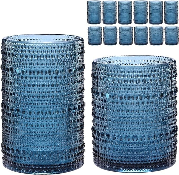 Vintage Glassware Drinking Glasses Set of 12,Blue 12oz & 15oz Hobnail Glass Cups,Embossed Water Tumbler,for Beer,Cocktail,Whiskey,Juice and Various Mixed Drinks- 1 Cleaning Brush