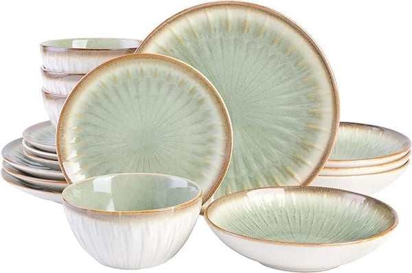 Gibson Elite Mayfair Bay Embossed Double Bowl Dinnerware Set, Service for 4 (16pcs), Green